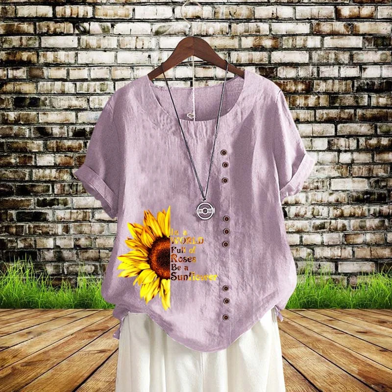 Summer Hot Sale Women's Sunflower Printed Short Sleeves Round Neck T Shirts Women's Solid Color Casual Plus Si Linen Shirts
Summer Hot Sale Women's Sunflower Printed Short Sleeves Round Neck T Shirts Women's Solid Color Casual Plus Si Linen Shirts