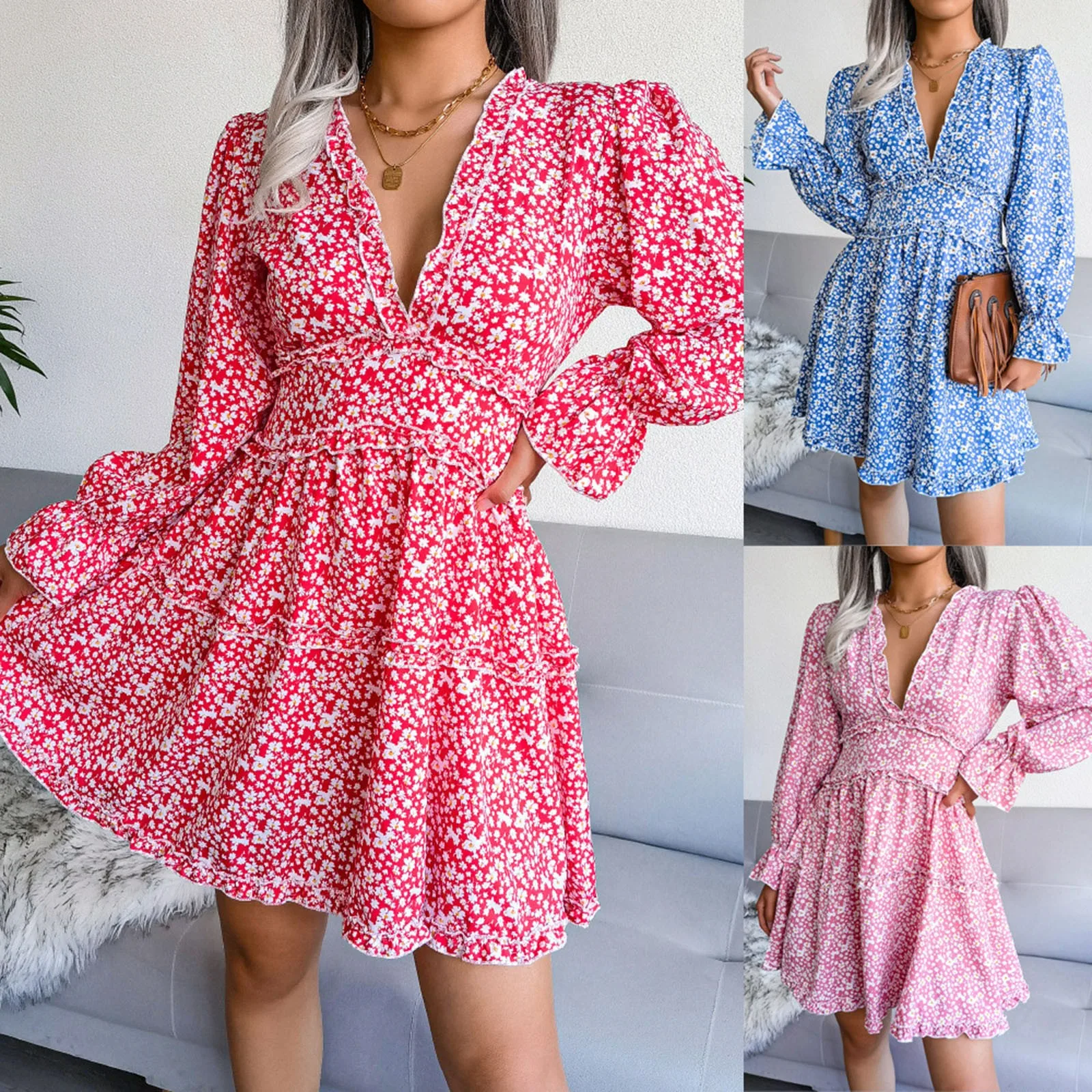 Women Casual Dress Shirt Womens Dress Deep V Neck Long Sleeve Elastic Waist Ruffle Lightweight Aline Summer Dresses for Women
Women Casual Dress Shirt Womens Dress Deep V Neck Long Sleeve Elastic Waist Ruffle Lightweight Aline Summer Dresses for Women