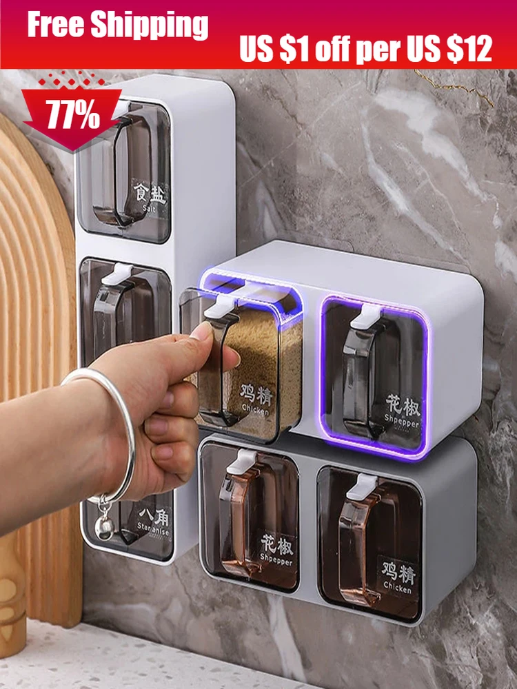 Wall Mount Spice Rack Seasoning Organizer Box Punch-free Sugar Salt Shaker Seasoning Container Boxes with Spoons Kitchen Gadgets
Wall Mount Spice Rack Seasoning Organizer Box Punch-free Sugar Salt Shaker Seasoning Container Boxes with Spoons Kitchen Gadgets