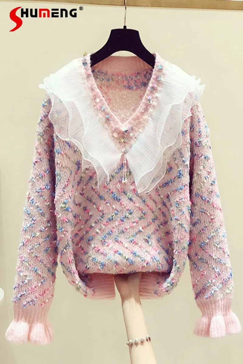 Ruffled V-neck Sweater Women's Long Sleeve Autumn Winter Clothing New Design Sense Beaded Sequins Western Style Wool Pullover
Ruffled V-neck Sweater Women's Long Sleeve Autumn Winter Clothing New Design Sense Beaded Sequins Western Style Wool Pullover