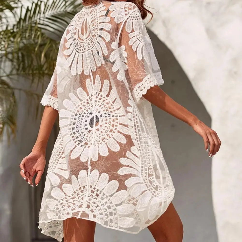 Women Bikini Cover Up See-through Lace Thin Flower Embroidery Half Sleeves Knee Length Cardigan Women Beach Dress Women Clothes
Women Bikini Cover Up See-through Lace Thin Flower Embroidery Half Sleeves Knee Length Cardigan Women Beach Dress Women Clothes