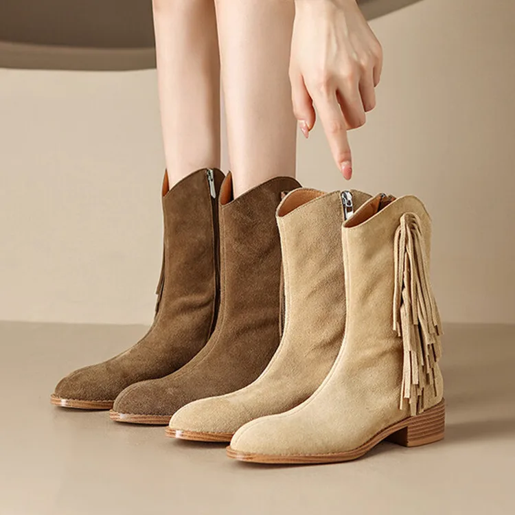 

Classical Fringe Women Khaki Western Boots Side Zipper Med Heels Autumn Knight Botas Camel Suede Tassel Bohemian Botines Mujer