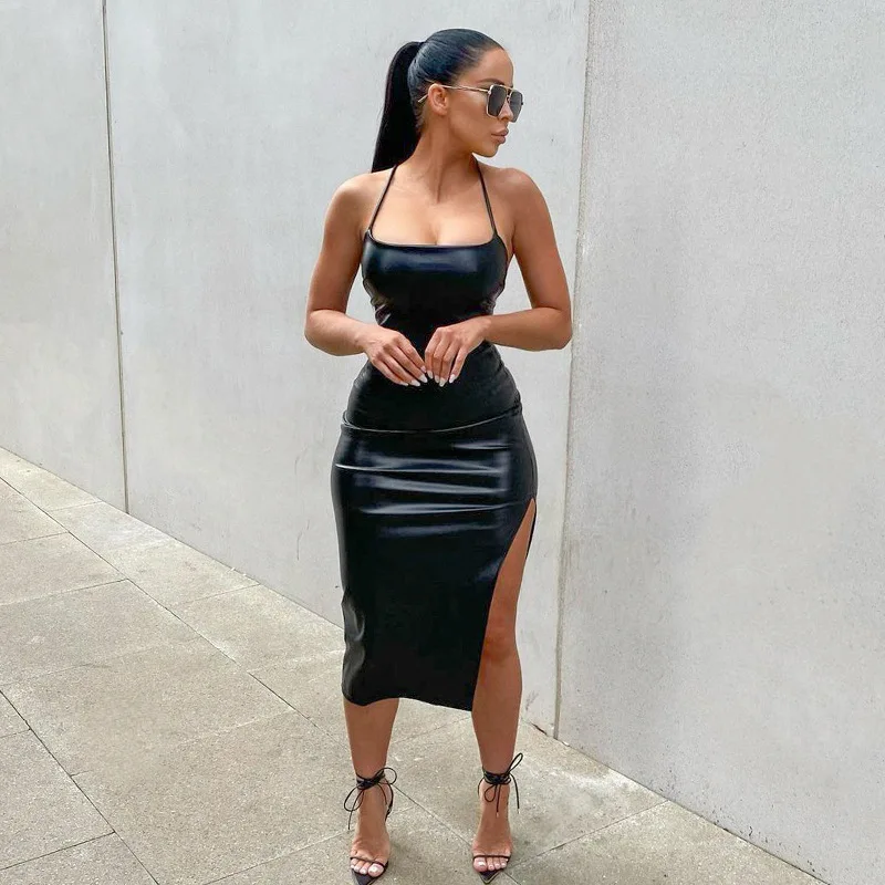 2023 New Pu Leather Night Club Style Sexy Backless Bandage Solid Color Personalized Split Suspender Dress
2023 New Pu Leather Night Club Style Sexy Backless Bandage Solid Color Personalized Split Suspender Dress