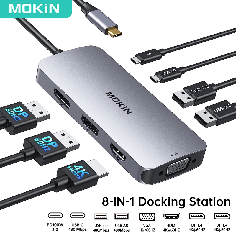 MOKiN 8 IN 1 Multi Monitor Adapter USB C To HDMI 4K 60Hz Dual DisplayPort VGA USB Adapter for Computer Accessories Macbook Pro
MOKiN 8 IN 1 Multi Monitor Adapter USB C To HDMI 4K 60Hz Dual DisplayPort VGA USB Adapter for Computer Accessories Macbook Pro