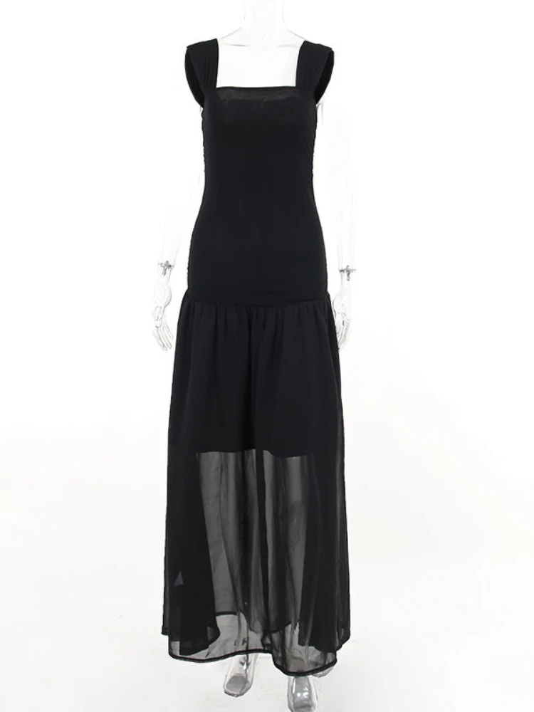 Elegant Long Dress Women Summer Casual High Street Folds Black Dress Mesh Patchwork Slim Square Collar Spaghetti Strap
Elegant Long Dress Women Summer Casual High Street Folds Black Dress Mesh Patchwork Slim Square Collar Spaghetti Strap