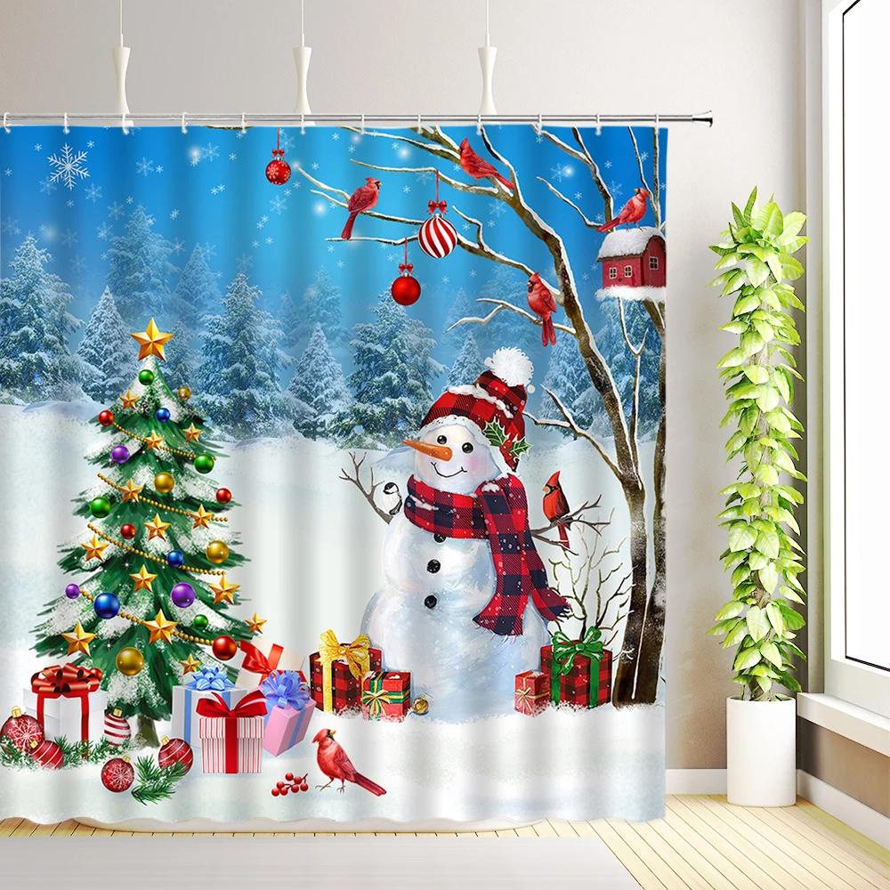 

Christmas Snowman Shower Curtains Xmas Trees Snowflake Birds Holiday Gifts Winter Forest Landscape Bathroom Curtain Fabric Decor