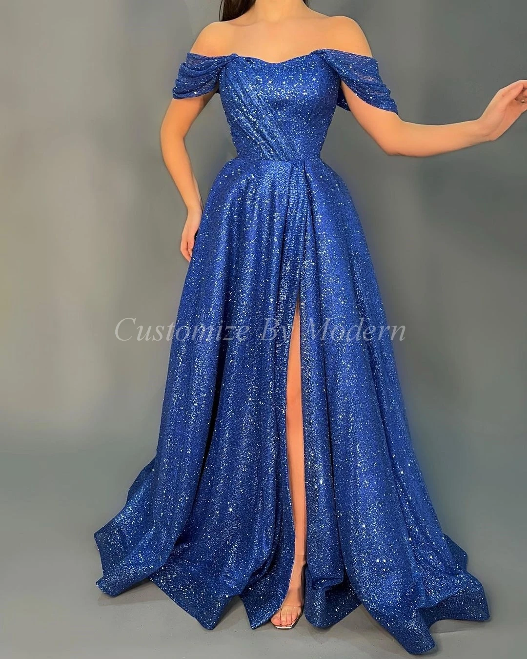 Shiny Blue Long Prom Dresses A-Line Off The Shoulder Front Split Saudi Arabic Women Prom Gowns Formal Party Dress
Shiny Blue Long Prom Dresses A-Line Off The Shoulder Front Split Saudi Arabic Women Prom Gowns Formal Party Dress