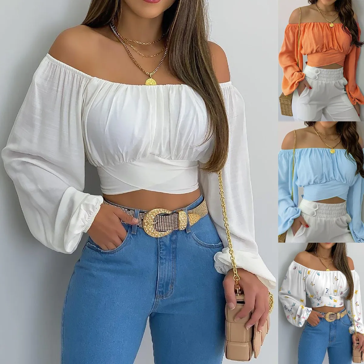 Women's off-the-shoulder Crop Top Summer Lantern Long Sleeve Pullover Tops back cross-strap top Femme Dames Streetwear 
Women's off-the-shoulder Crop Top Summer Lantern Long Sleeve Pullover Tops back cross-strap top Femme Dames Streetwear