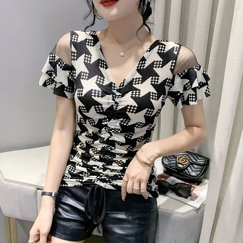Summer European Clothes T-Shirt Sexy Print Letter Patchwork Mesh Draped Women's Tops Short Sleeve Lace Up Drilling Hot Tees 9062
Summer European Clothes T-Shirt Sexy Print Letter Patchwork Mesh Draped Women's Tops Short Sleeve Lace Up Drilling Hot Tees 9062