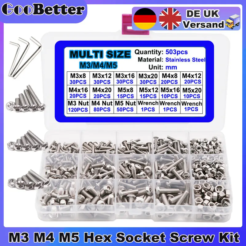 503Pcs Hexagon Hex Socket Screw Set M3 M4 M5 Stainless Steel Round Cap Head Screws Bolt and Nut Assortment Kit tornillos 볼트 나사
503Pcs Hexagon Hex Socket Screw Set M3 M4 M5 Stainless Steel Round Cap Head Screws Bolt and Nut Assortment Kit tornillos 볼트 나사