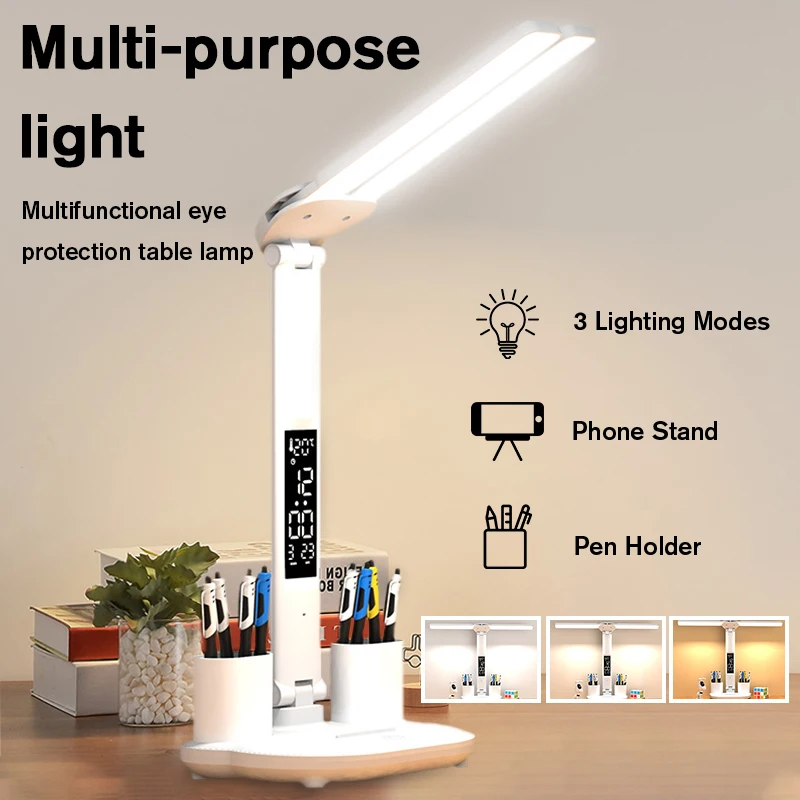 LED Double Head Desk Lamp USB Touch Night Light 3 Dimming Eye Protection Table Lamp Display Temperature Time with Pen Holder
LED Double Head Desk Lamp USB Touch Night Light 3 Dimming Eye Protection Table Lamp Display Temperature Time with Pen Holder