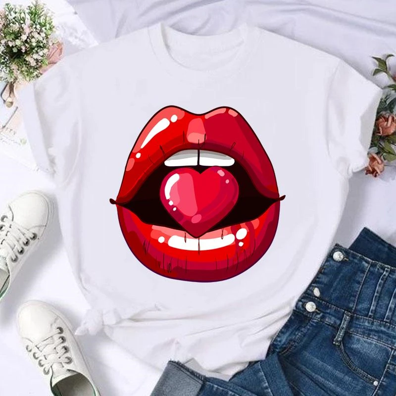 

FIXSYS Short Sleeve Love Lip Sexy 90s Cute Print T Shirt Fashion Summer Women Female Casual Top Tshirts Cartoon Graphic Tee