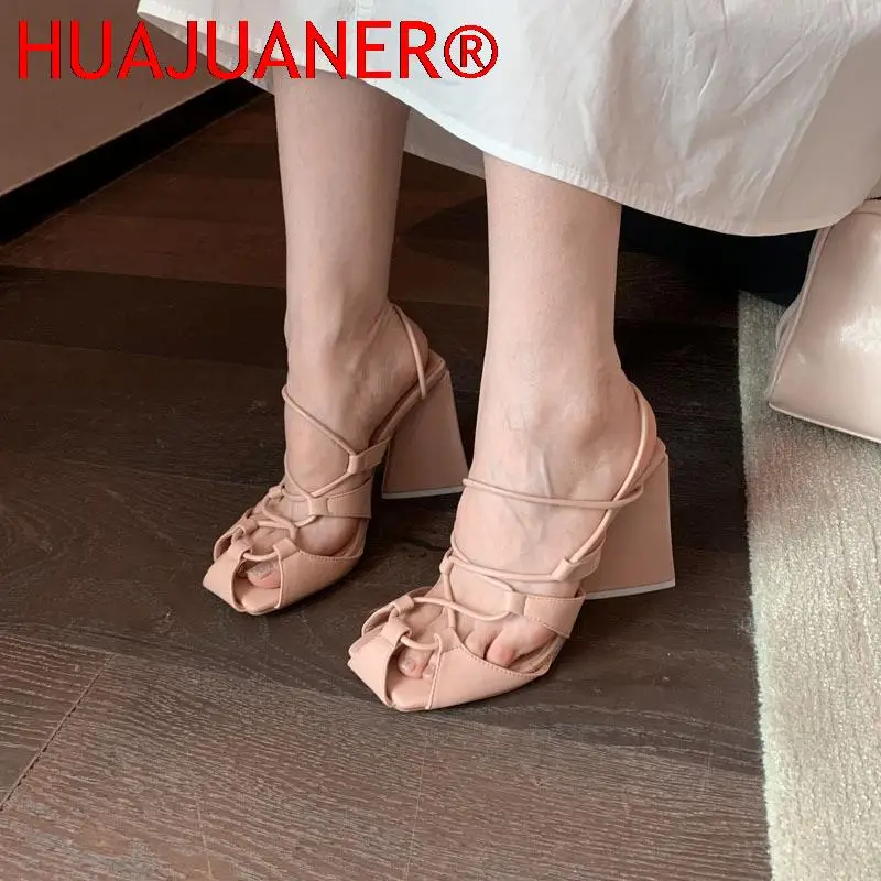 

New Women Sandals Female Pu Leather Square Toe Triangle High Heels Shoes Ladies Soild Rome Ankle Straps Fashion Sandal 2022