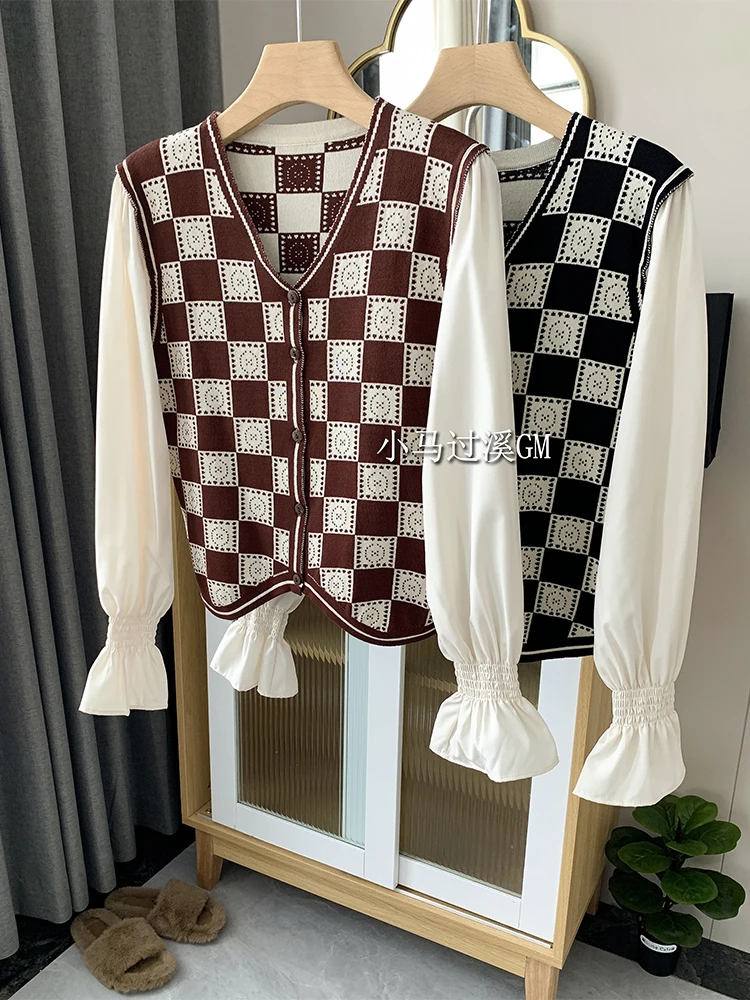 Vintage Contrast Color Plaid Women V-neck Knitwear Baggy Ruffle Patchwork Long Sleeve Autumn Knit Cardigan Sweater Office Lady 
Vintage Contrast Color Plaid Women V-neck Knitwear Baggy Ruffle Patchwork Long Sleeve Autumn Knit Cardigan Sweater Office Lady