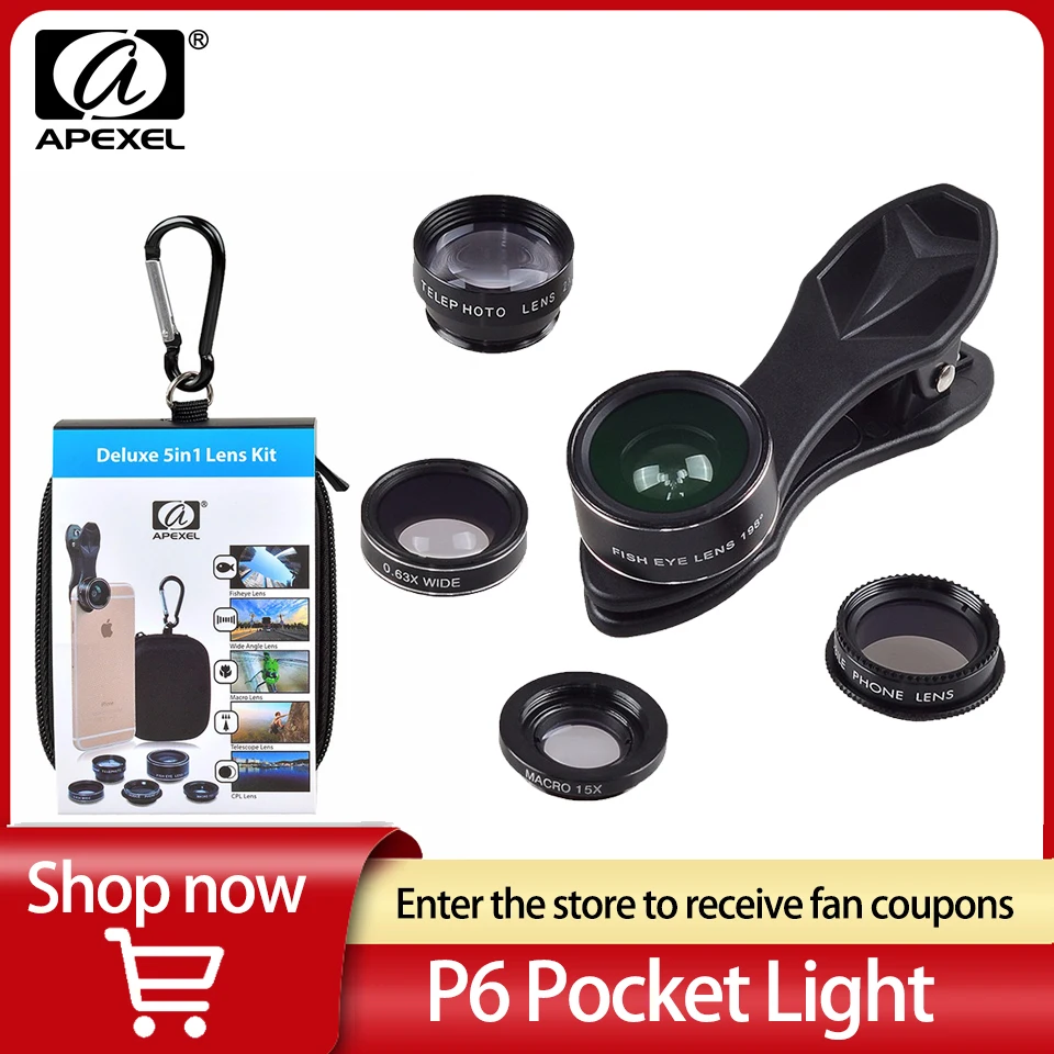 APEXEL Deluxe 5 в 1 Набор объективов «рыбий глаз» + 0,63x широкоугольный + 15x макрообъектив + 2x объектив для телефона + CPL объектив для смартфона 
APEXEL Deluxe 5 в 1 Набор объективов «рыбий глаз» + 0,63x широкоугольный + 15x макрообъектив + 2x объектив для телефона + CPL объектив для смартфона