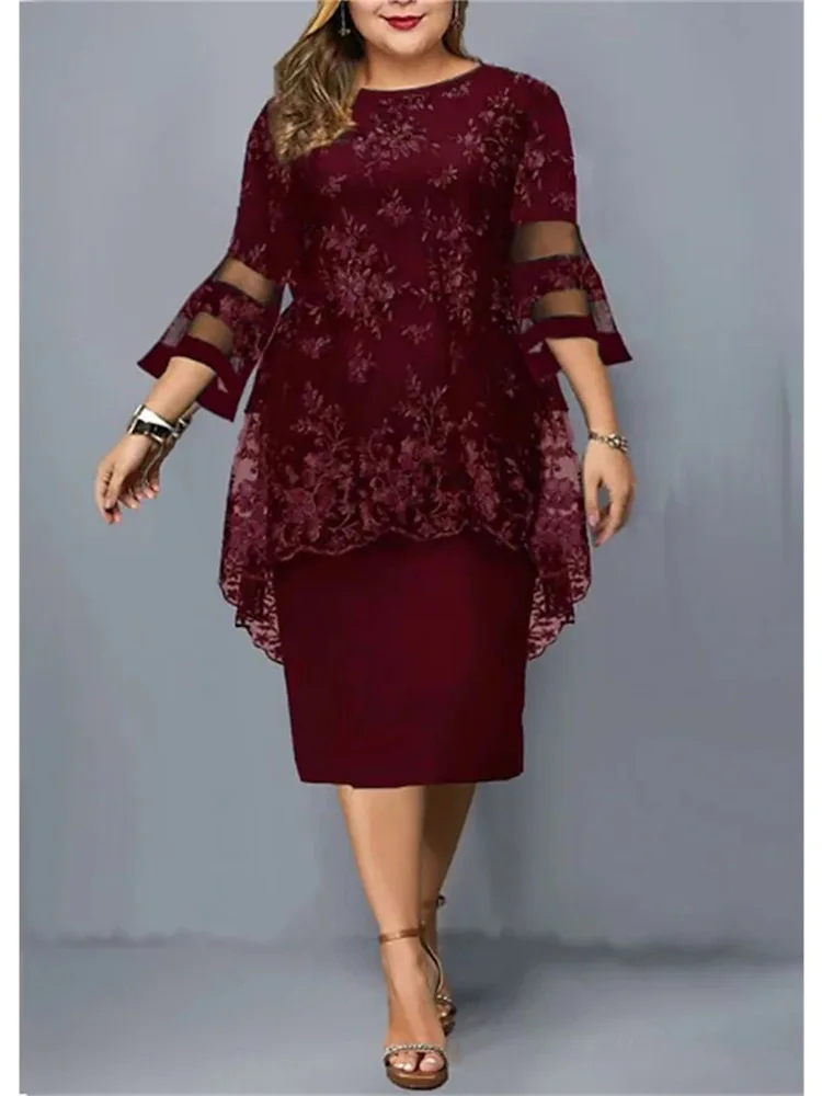 Elegant lace floral embroidery patchwork party dresses 2023 Summer 3/4 sleeve o-neck bodycon midi dress Pink purple blue clothes 
Elegant lace floral embroidery patchwork party dresses 2023 Summer 3/4 sleeve o-neck bodycon midi dress Pink purple blue clothes