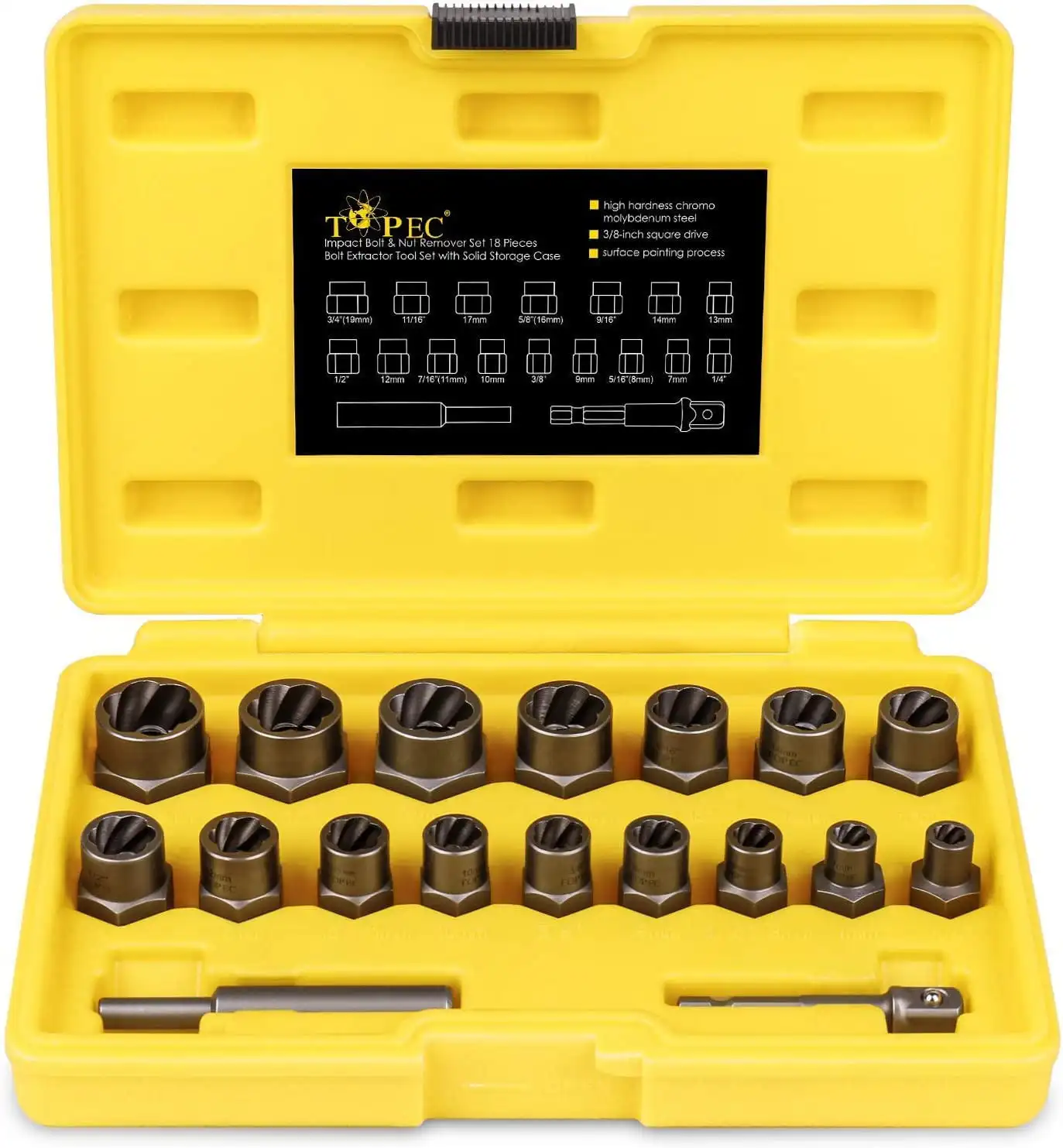 18-Piece Stripped Nut Remover, 3/8” Drive Impact Extractor Set Made by TOPEC EET8020
18-Piece Stripped Nut Remover, 3/8” Drive Impact Extractor Set Made by TOPEC EET8020