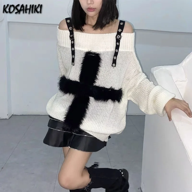 

Harajuku Punk Knitwear Women Off Shoulder Belted Thin Sweater Cross Fur Patch 2023 Autumn Loose Gothic Y2k Pullover