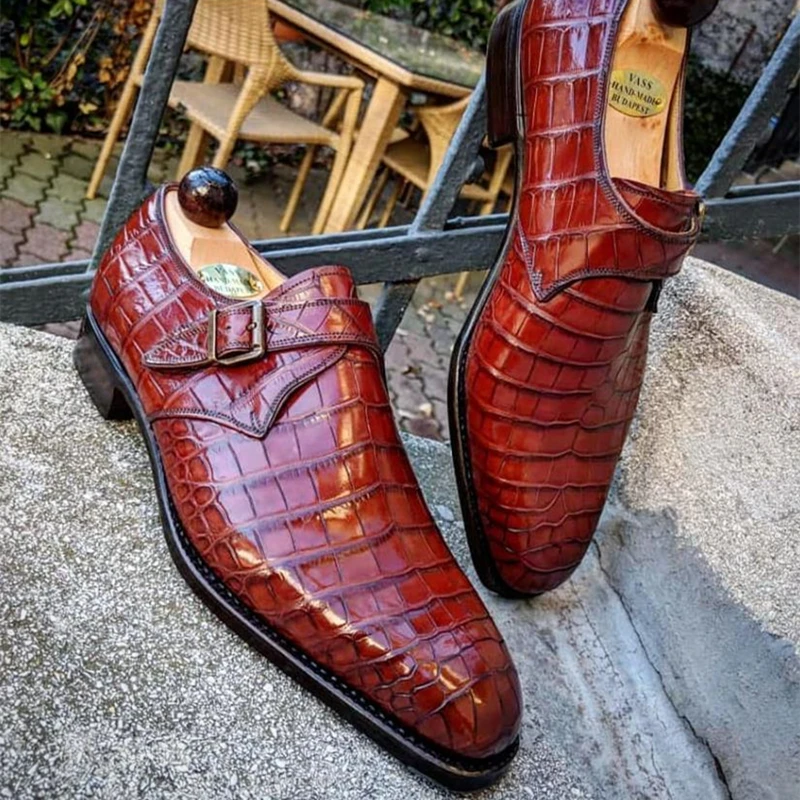 

New In Red Buckle Strap Loafers Square Toe Men Shoes Free Shipping Crocodile Pattern Handmade Men Dress Sheos