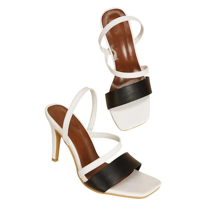 

2022 Square Toe Fashion Women Sandals Slip On High Heels Size 35-42 Sandals Black-White Sexy Hollow Slides Slingback Narrowband