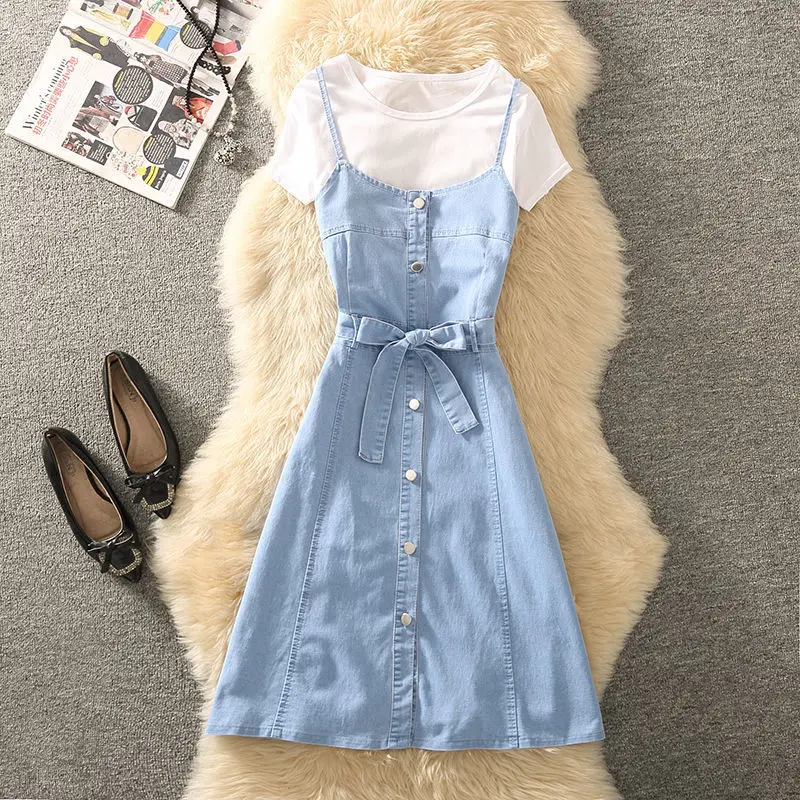 Women 2022 Summer New 2 Piece Sets Female Bow Denim Suspender Vestidos + Short Sleeve White T-shirt Ladies Fashion Suits S187
Women 2022 Summer New 2 Piece Sets Female Bow Denim Suspender Vestidos + Short Sleeve White T-shirt Ladies Fashion Suits S187