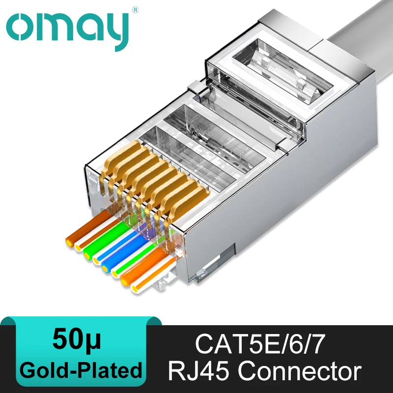 

OMAY CAT6 CAT5E Pass Through RJ45 Modular Plug Network Connectors UTP 50u Gold-Plated 8P8C Crimp End for Ethernet Cable