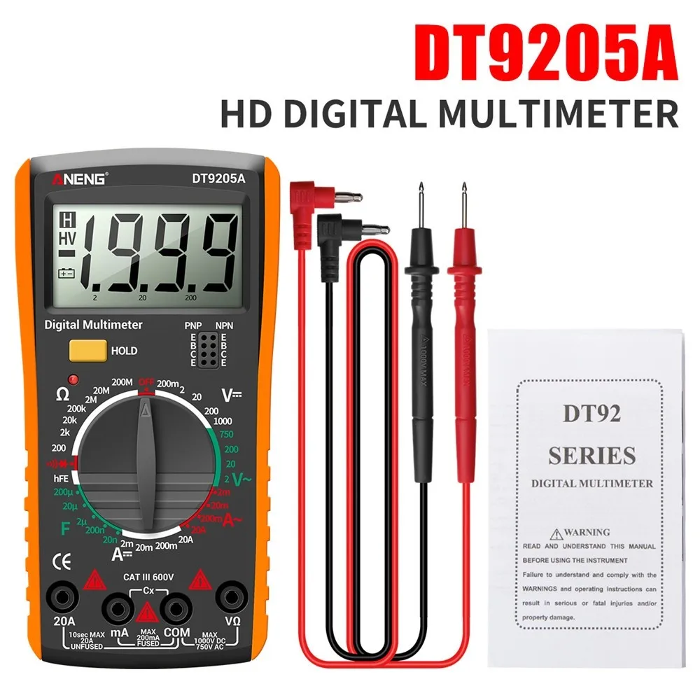 

DT9205A Digital Multimeter AC DC Voltmeter Ammeter Capacitance Tester Meter 9V 6F22 Battery Or AAA Battery