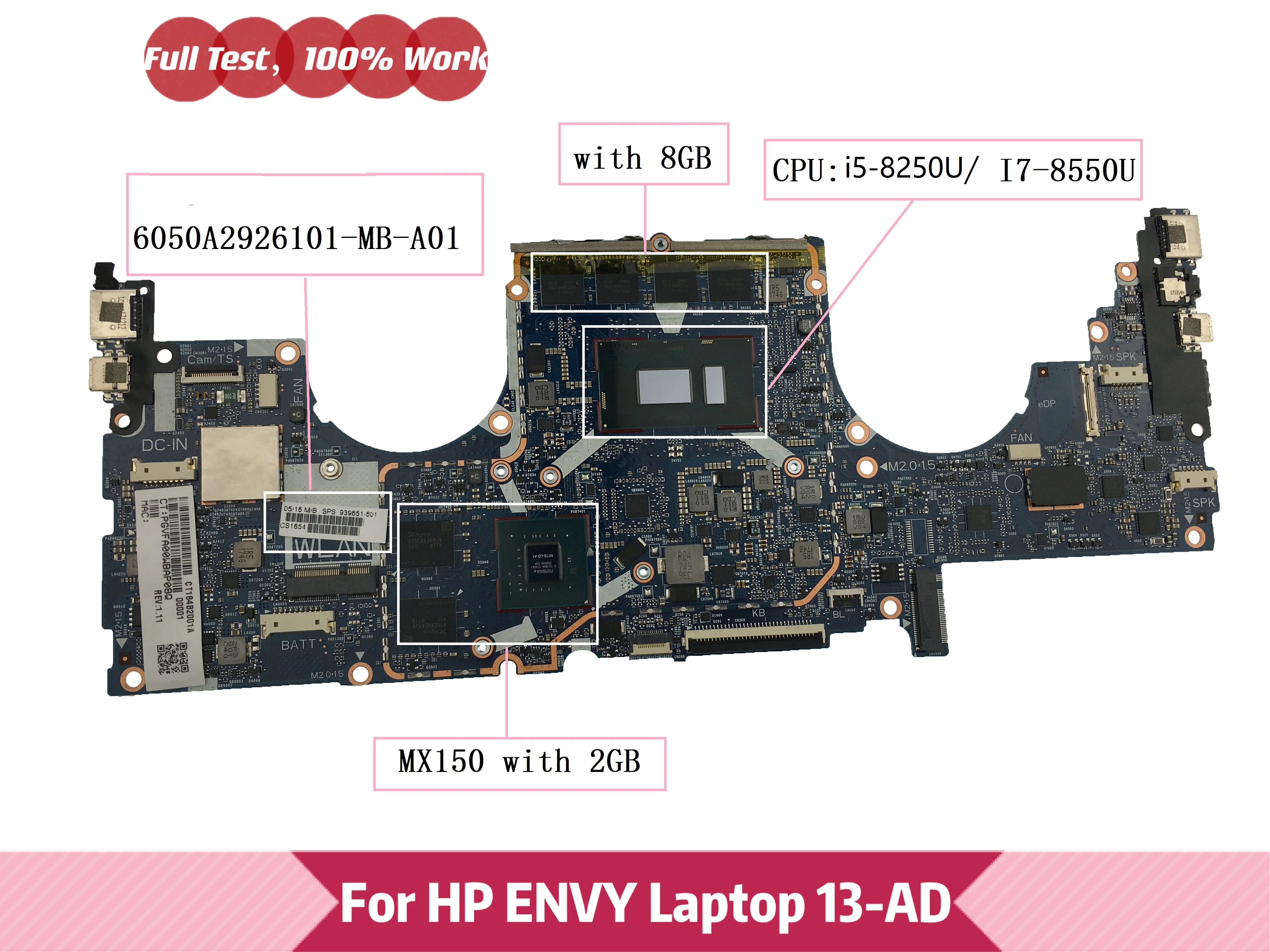 TPN-I128 6050A2926101 Материнская плата ноутбука HP ENVY 13-AD 939651-001 939650-601 939651-601 с процессором i7-8550U i5-8250U MX150/2G
TPN-I128 6050A2926101 Материнская плата ноутбука HP ENVY 13-AD 939651-001 939650-601 939651-601 с процессором i7-8550U i5-8250U MX150/2G