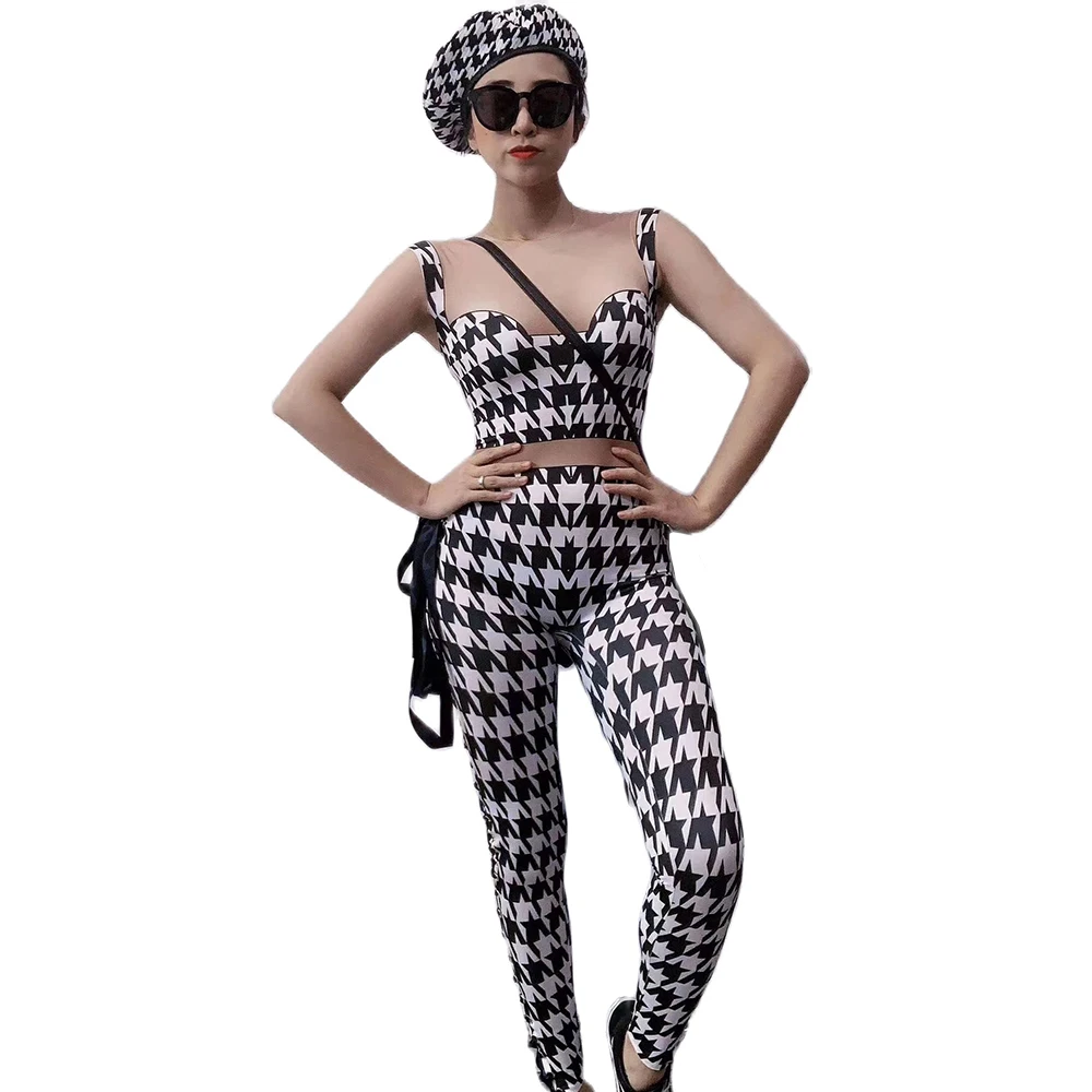 Houndstooth Pant Suits Plaid Printing Jumpsuit Sleeveless Mesh Gauze Casual Costumes For Women Personality Performance Costume
Houndstooth Pant Suits Plaid Printing Jumpsuit Sleeveless Mesh Gauze Casual Costumes For Women Personality Performance Costume