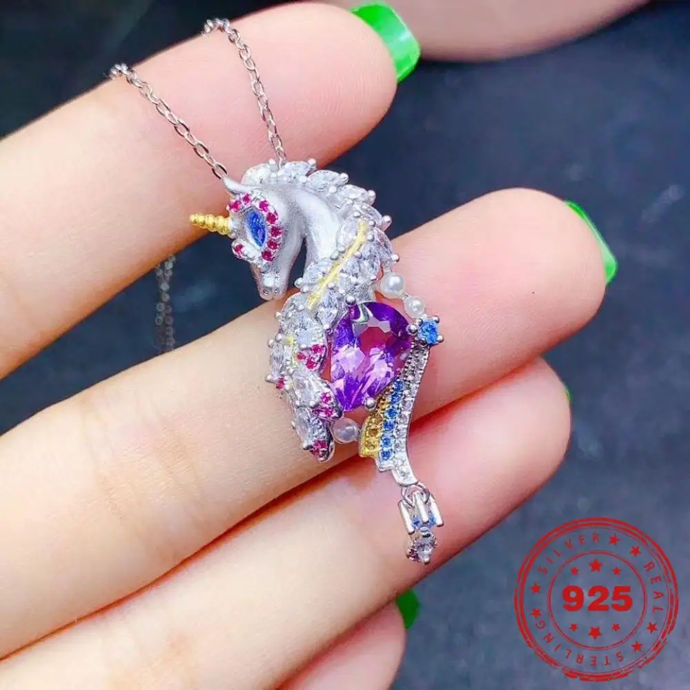 

HOYON Luxury Shiny Sapphire Pendant Women's Necklace S925 Silver Unicorn Amethyst Pendant Necklace Gives Girlfriend Jewelry