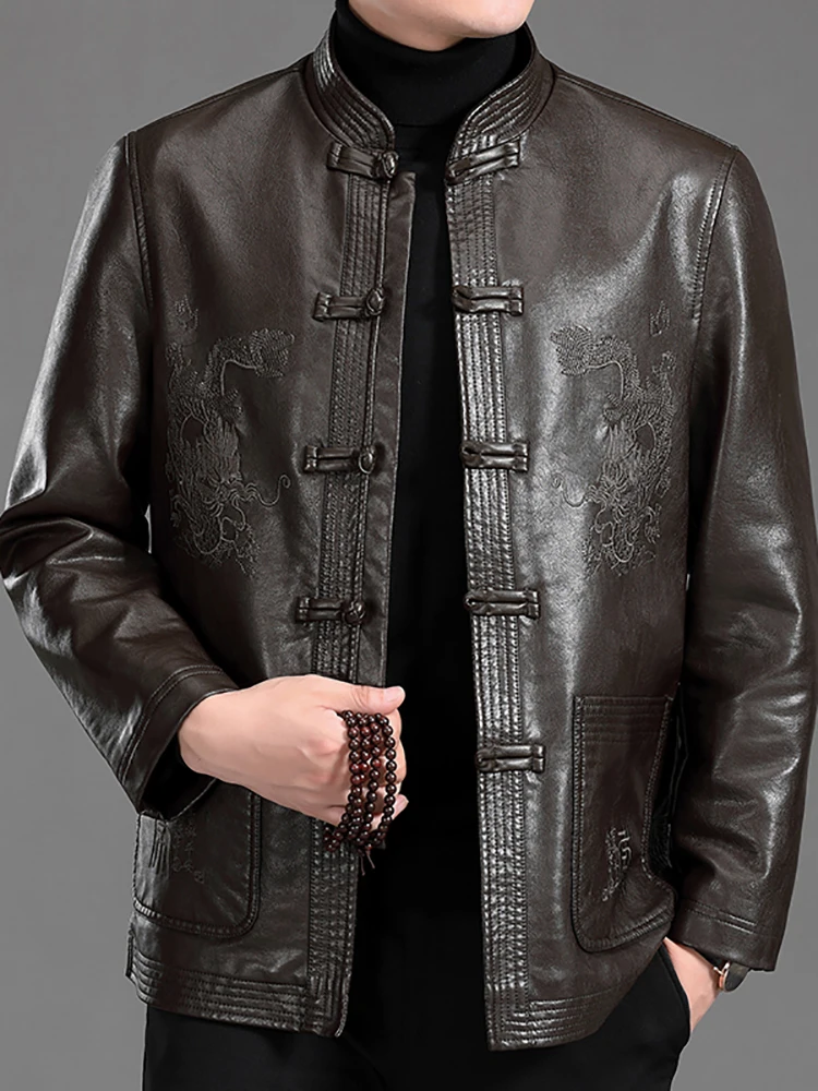 2022 spring new Tang suit faux leather jacket men middle-aged Chinese style embroidered buckle leather jacket men's PU coat
2022 spring new Tang suit faux leather jacket men middle-aged Chinese style embroidered buckle leather jacket men's PU coat