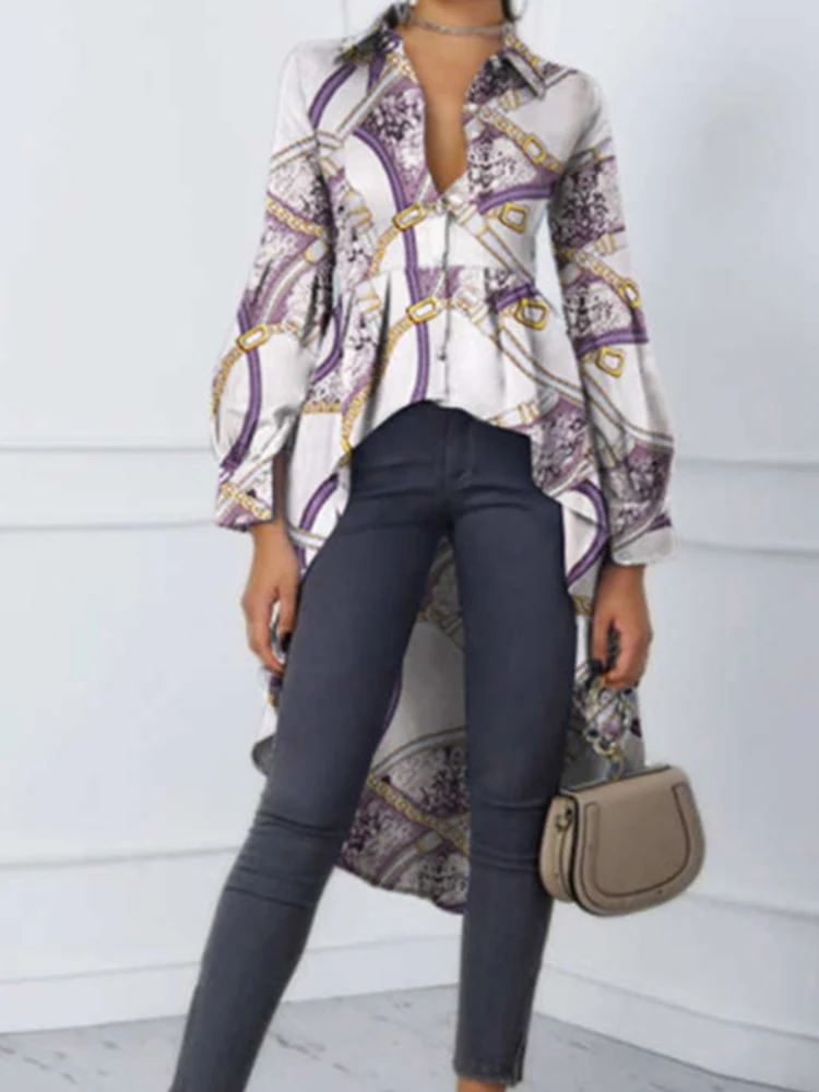 Women Fashion New Irregular Long Blouses Elegant Turn-down Chain Print Shirt Tops 2022 Office Ruffle Casual Loose Blouse Dresses
Women Fashion New Irregular Long Blouses Elegant Turn-down Chain Print Shirt Tops 2022 Office Ruffle Casual Loose Blouse Dresses