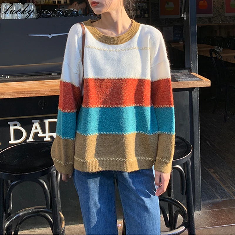 Yoni Oversized Color Striped Knitted Sweater Women Winter Casual Loose O-neck Pullover Female Vintage Long Sleeve Jumper
Yoni Oversized Color Striped Knitted Sweater Women Winter Casual Loose O-neck Pullover Female Vintage Long Sleeve Jumper