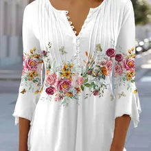 V-neck Printed Button Waist Cropped Top T-shirt Women Shirt Casual Loose Long-sleeved Shirt Elegant Printed Temperament Tops