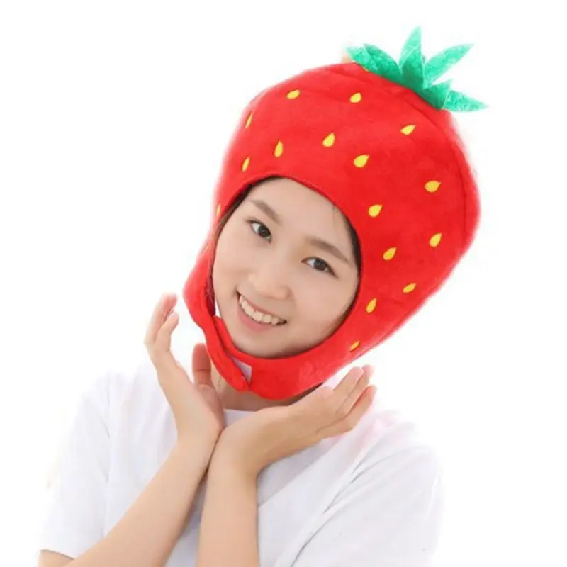 

Cute Plush Strawberry Hat Scarf Cap Earflap Soft Winter Warm Full Headgear for Women Men Kids Novelty Cosplay Costume