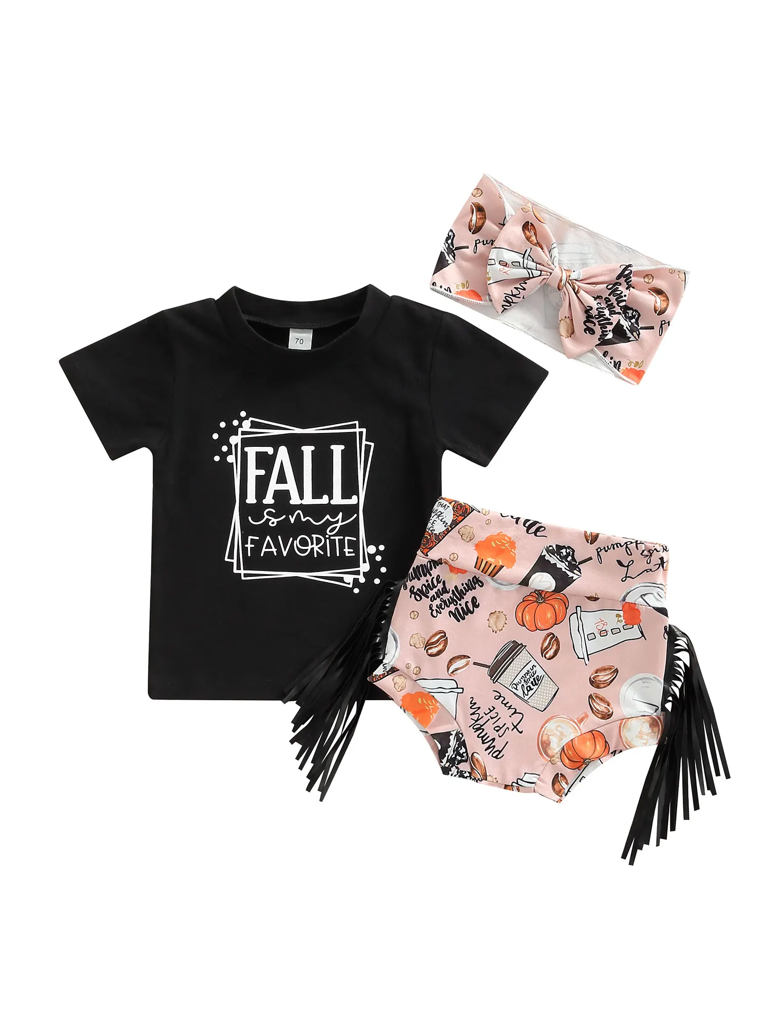 

3Pcs Halloween Baby Girls Outfit Toddlers Letter Round Collar Short Sleeve Tops Pumpkin Printing Tassels Shorts Headwear