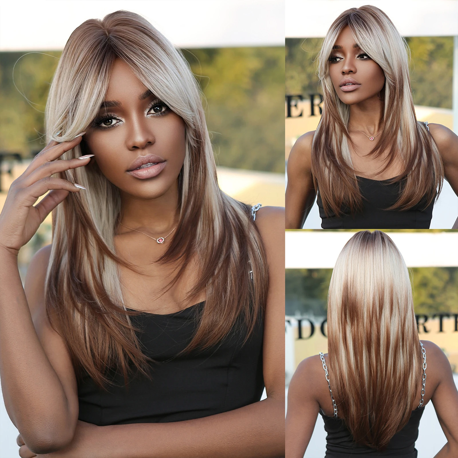 

Long Straight Synthetic Wigs Ombre Brown Blonde Layered Wigs With Bang Cosplay Costume Natural Hair Wig Heat Resistant Fiber