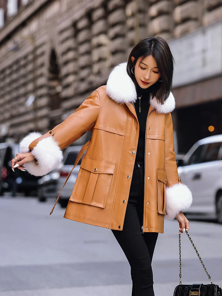 

2023Hot Sale 90% White Duck Down Women's Down Jackets Fox Fur Collar Coat Female Real Sheepskin Leather Jacket Women Invierno M