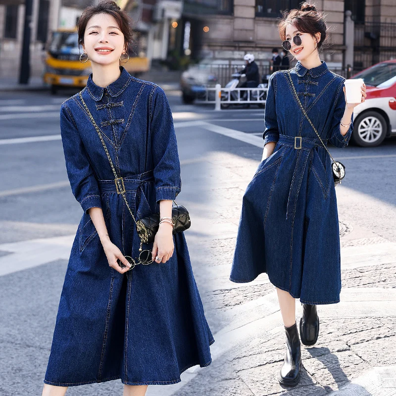 Vintage denim dress 2022 spring new elegant A-line kawaii long dress with belt tide peter pan collar elastic waist jeans dresses
Vintage denim dress 2022 spring new elegant A-line kawaii long dress with belt tide peter pan collar elastic waist jeans dresses