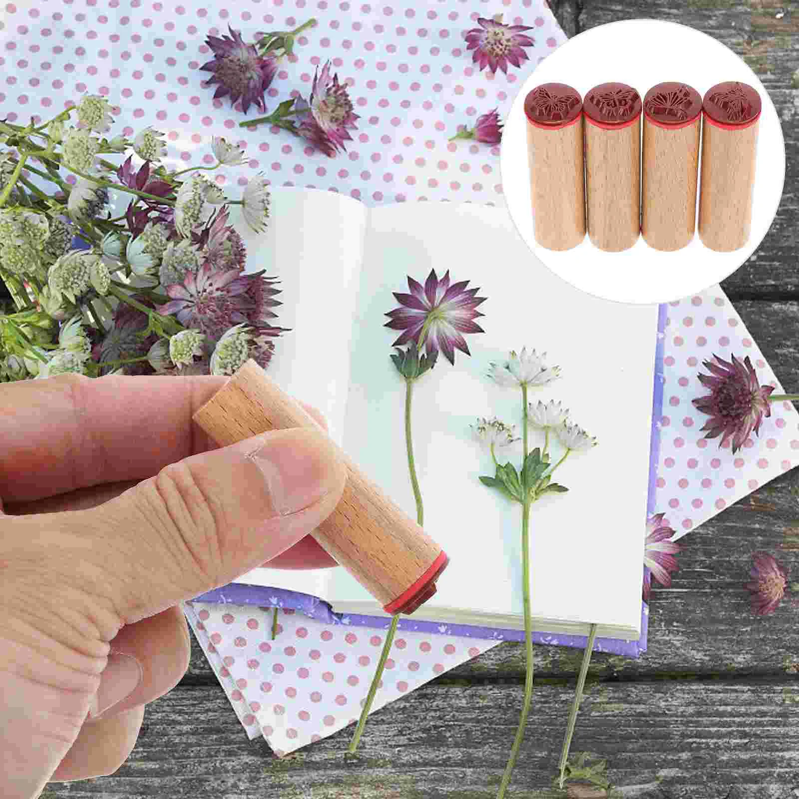 

4Pcs Mini Envelopes For Money Wooden Rubber Stamps Flower Decorative Mounted Rubber Stamp Diary Planner for DIY Craft Diary