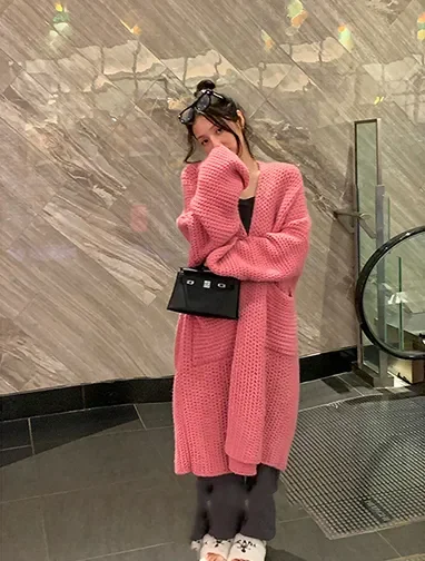 

Botvotee Long Cardigan Women Autumn Winter 2023 New Korean Fashion Oversized Knitted Sweater Casual Long Sleeve Thicken Jacket