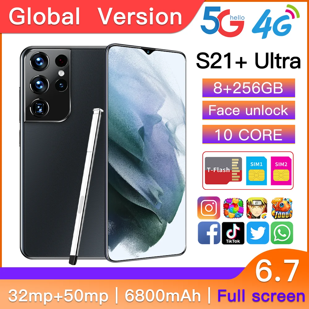 Hot Sale S21+ Ultra 6.7 Inch Drop Screen 128GB/256GB Face Unlock 10 Core 6800mAh 32+50MP Smartphone MTK6889 Android 11 Cellphone
Hot Sale S21+ Ultra 6.7 Inch Drop Screen 128GB/256GB Face Unlock 10 Core 6800mAh 32+50MP Smartphone MTK6889 Android 11 Cellphone