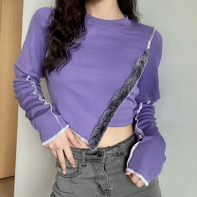 Long Sleeve O Neck Female Fashion Stitching Irregular T-shirt Women Spring Fall New Style Slim Body Purple Tops Solid Tshirt
Long Sleeve O Neck Female Fashion Stitching Irregular T-shirt Women Spring Fall New Style Slim Body Purple Tops Solid Tshirt