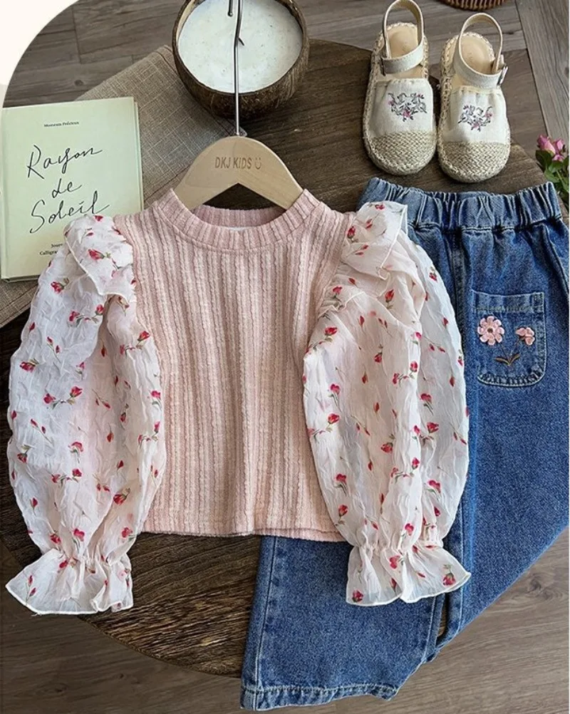 2023 New Girls Spring Autumn Two Piece Sets Top Jeans Flower Puff Sleeve Fashion All-match Loose Vacation Outdoor Sweet
2023 New Girls Spring Autumn Two Piece Sets Top Jeans Flower Puff Sleeve Fashion All-match Loose Vacation Outdoor Sweet
