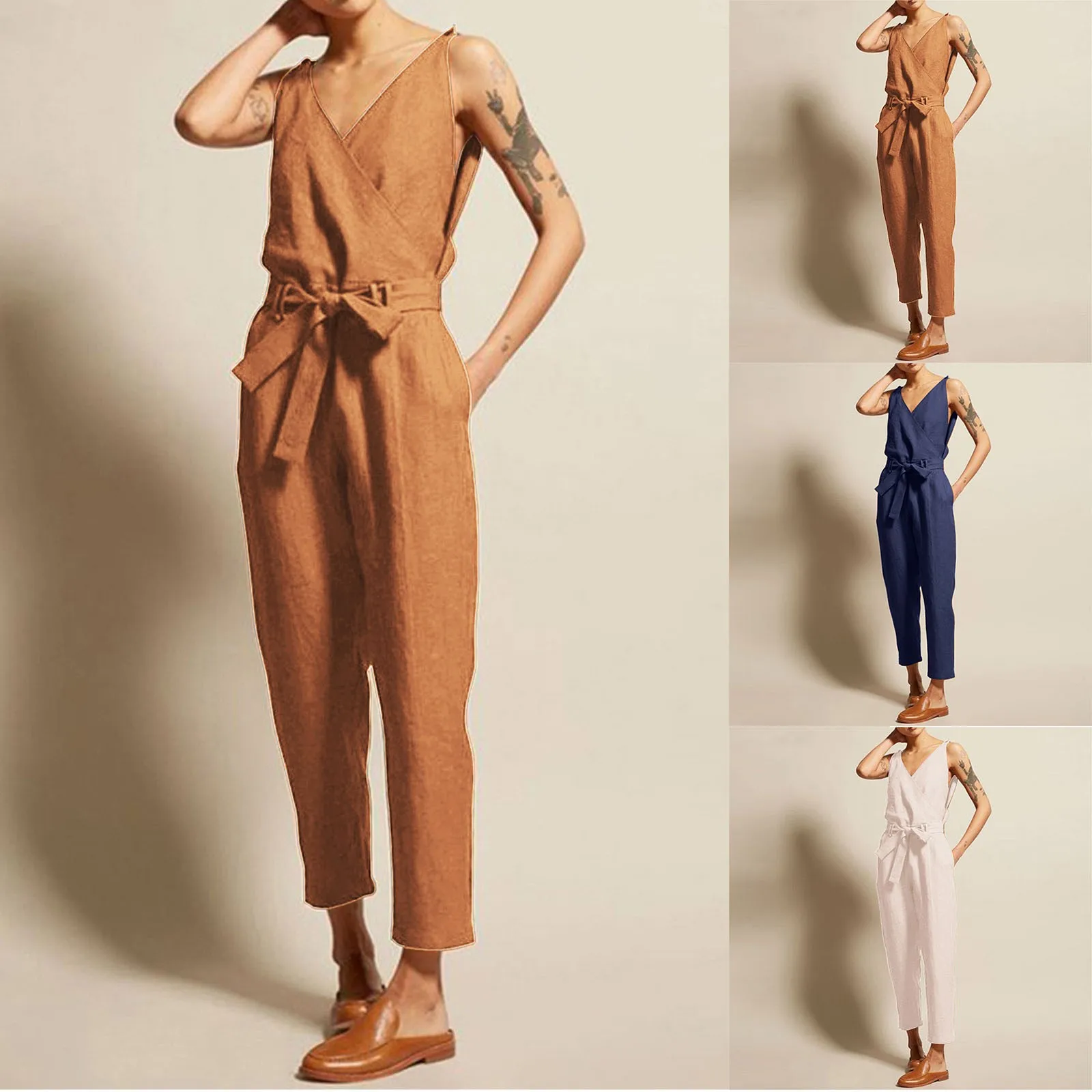 

Women Jumpsuits Summer Vintage Romper Casual Sleeveless Playsuits Popular Bodysuits Belted Juniors Jumpsuits Dressy