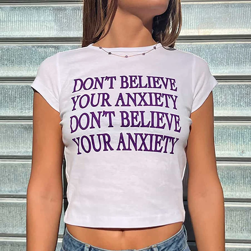 Harajuku kawaii dont believe your anxiety Letter Print Baby Tee Crop Top Slim Streetwear Short Sleeve T-shirts Y2K Summer E-girl
Harajuku kawaii dont believe your anxiety Letter Print Baby Tee Crop Top Slim Streetwear Short Sleeve T-shirts Y2K Summer E-girl