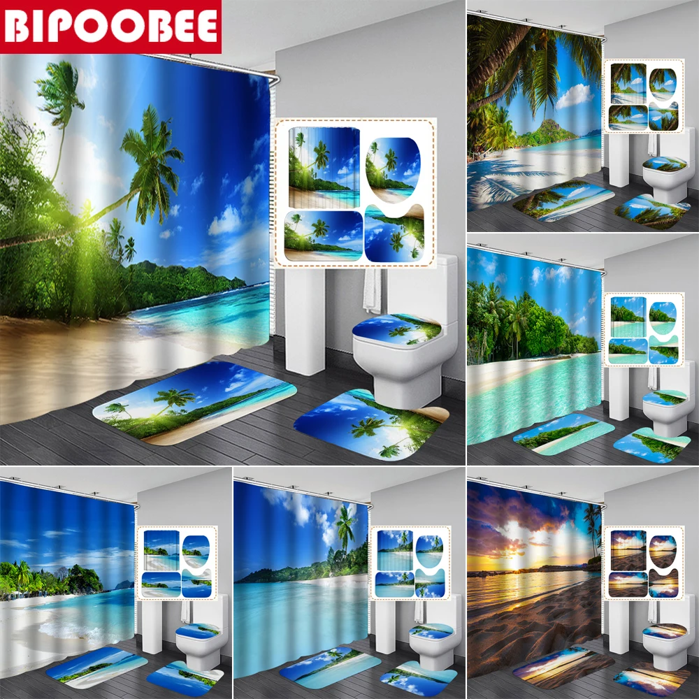 

Coconut Tree Beach Coastal Scenery Bathroom Shower Curtains Ocean Sea 3D Bath Curtain Toilet Cover Mat Non-slip Carpet Rugs