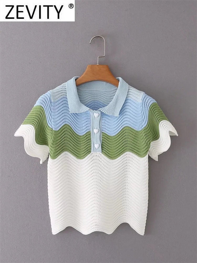 Zevity New Women Fashion Color Matching Wave Edge Short Knitting Sweater Femme Chic Short Sleeve Casual Slim Tops S1605
Zevity New Women Fashion Color Matching Wave Edge Short Knitting Sweater Femme Chic Short Sleeve Casual Slim Tops S1605