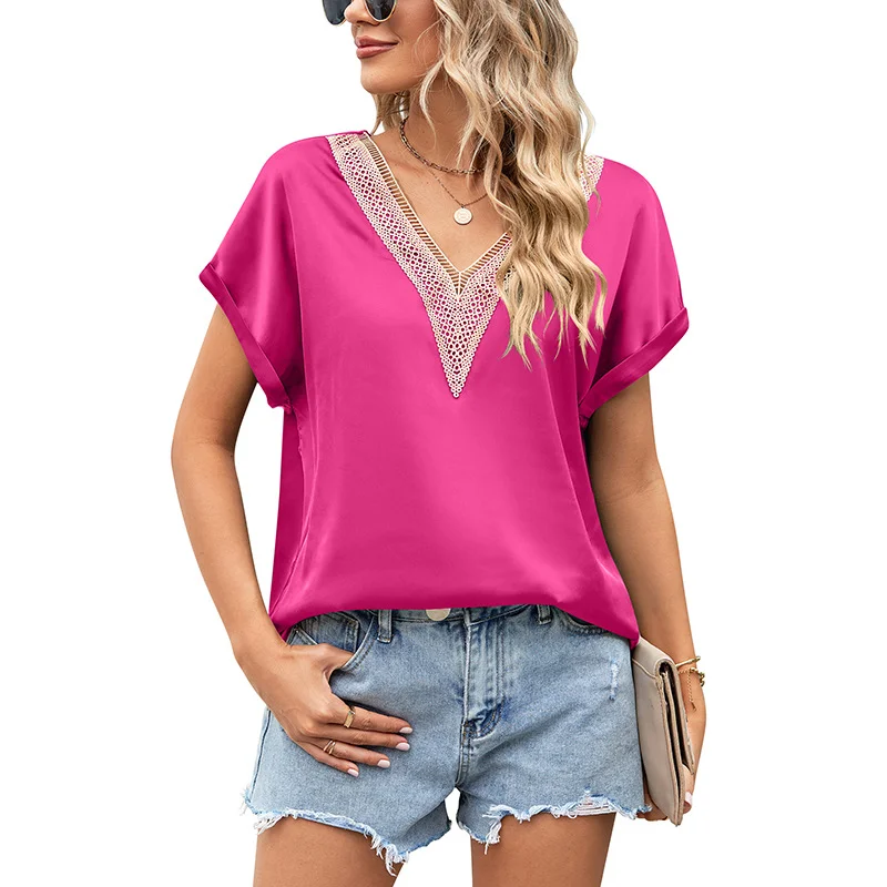 Summer New Solid Color Loose Clothes Women Tops V-neck Short Batwing Sleeve Shirt Elegant Office Lady Lace Satin Blouse 27444
Summer New Solid Color Loose Clothes Women Tops V-neck Short Batwing Sleeve Shirt Elegant Office Lady Lace Satin Blouse 27444