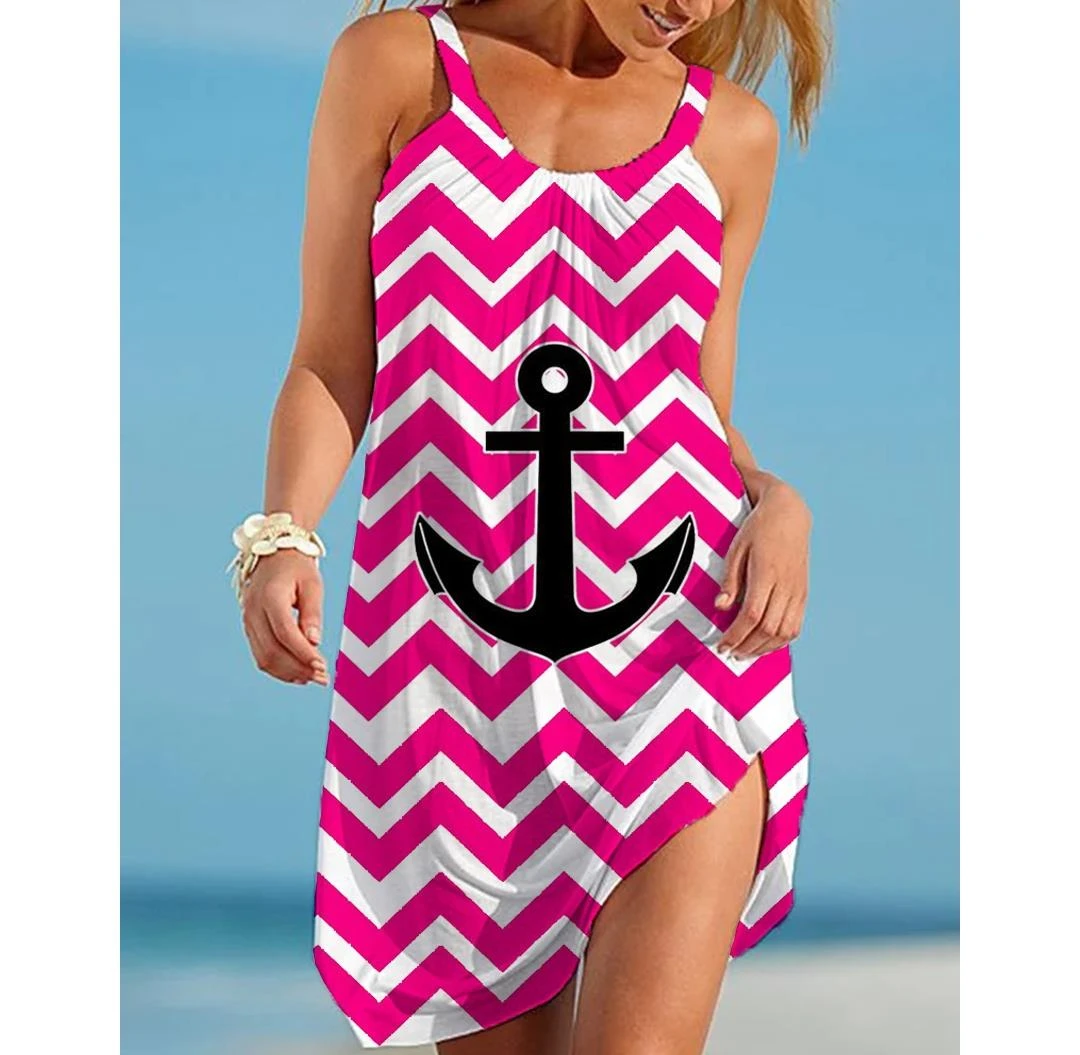 

2023 New Summer Halter Robe Sexy Women's Dress Short Beach Printing Mini Boat Anchor Dress Sleeveless